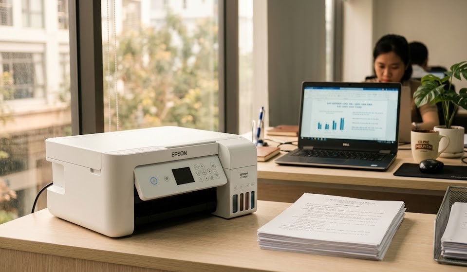 Máy in Epson EcoTank đặt trên bàn văn phòng gọn gàng tại Việt Nam